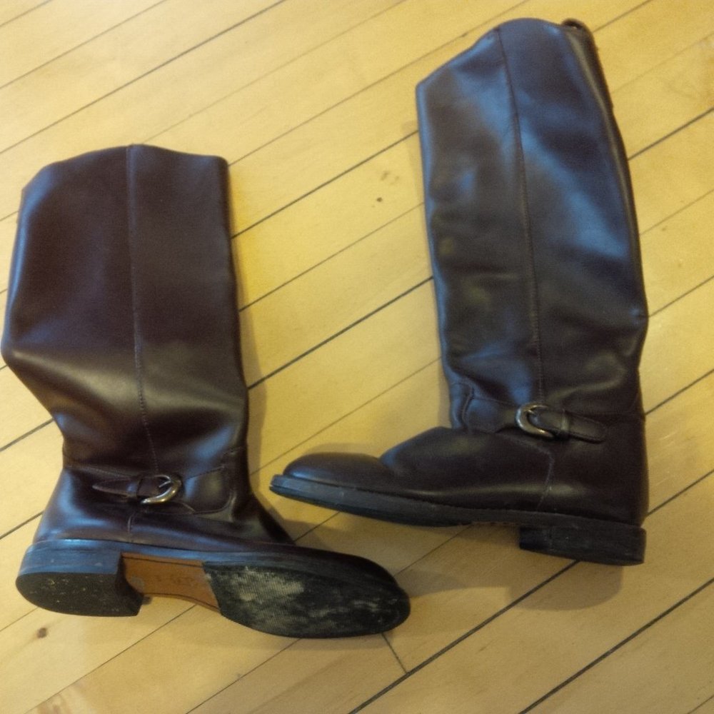 Nine West Tall Riding Boots Dark Brown Cognac w/ Buckles Sz 5.5 Brazil Excellent